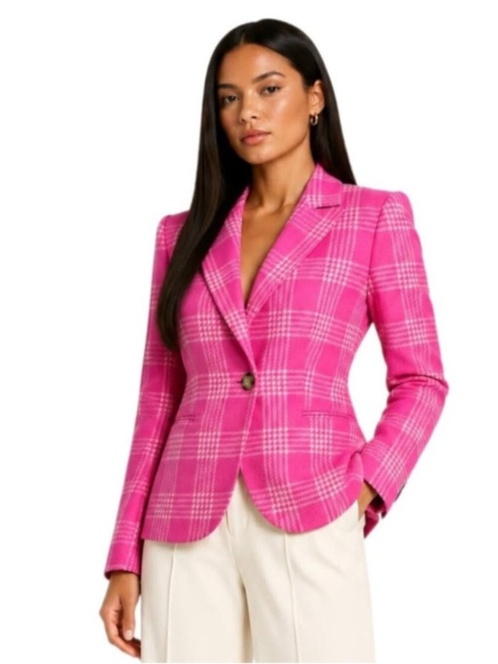Boden Pink and White Wool Single Breasted Single Button Blazer